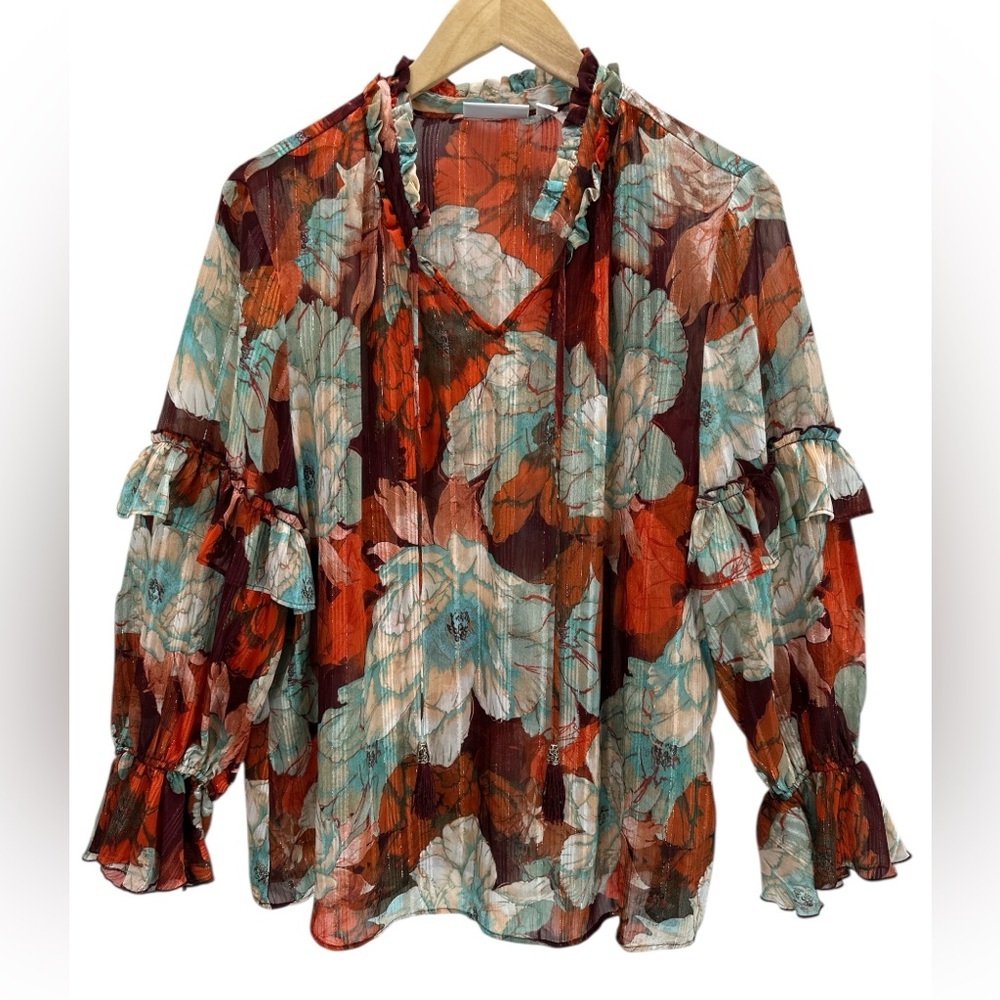 Susan Graver Metallic Floral Ruffle Sleeve Tassel Tie Blouse Fall Boho Chic L